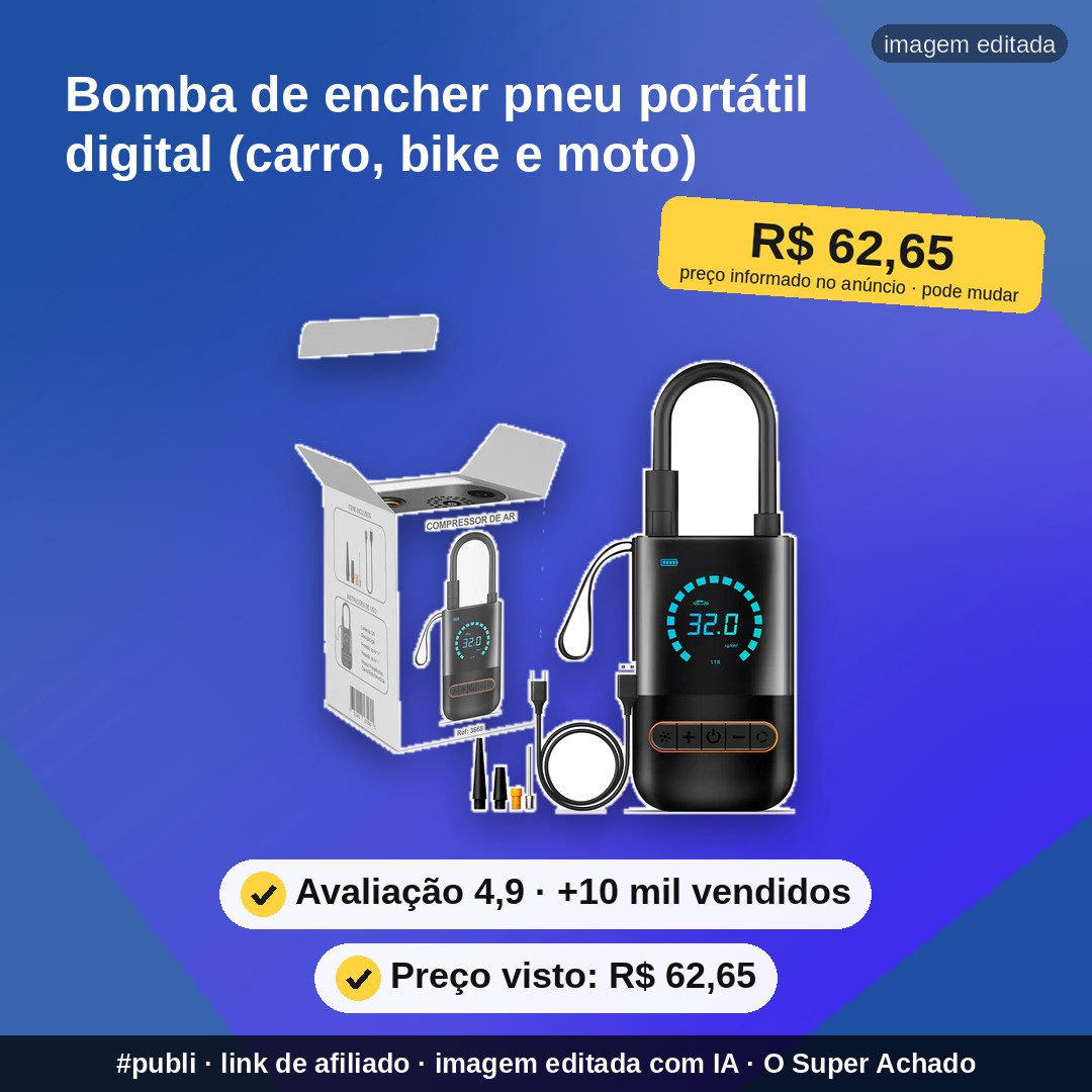 Bomba de encher pneu portátil digital (carro, bike e moto) (foto do anúncio oficial, imagem editada)